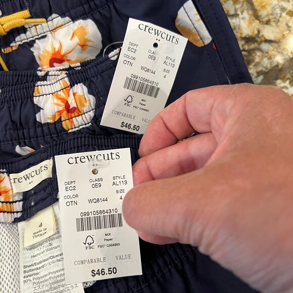 NWT J. Crew Boys' Navy W/ Gold & White Tropical Floral Swim Trunk - Picture 8 of 9